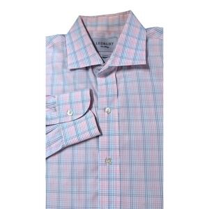 Ledbury Slim Fit Dress Shirt Mens Pink Blue Check Plaid Spread Collar  17(estim)